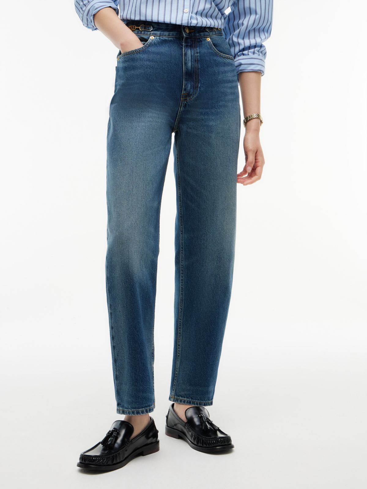 High-Rise Logo Hardware Tapered Jean — Elan