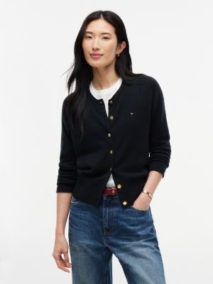 Gold-Button Wool Cardigan, Black
