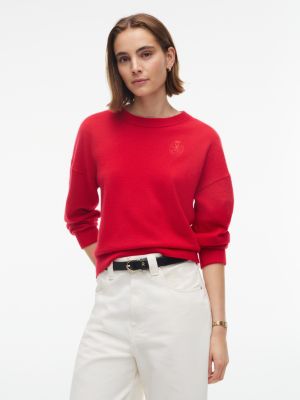 Embroidered Crest Logo Cashmere Sweater, Medium Red