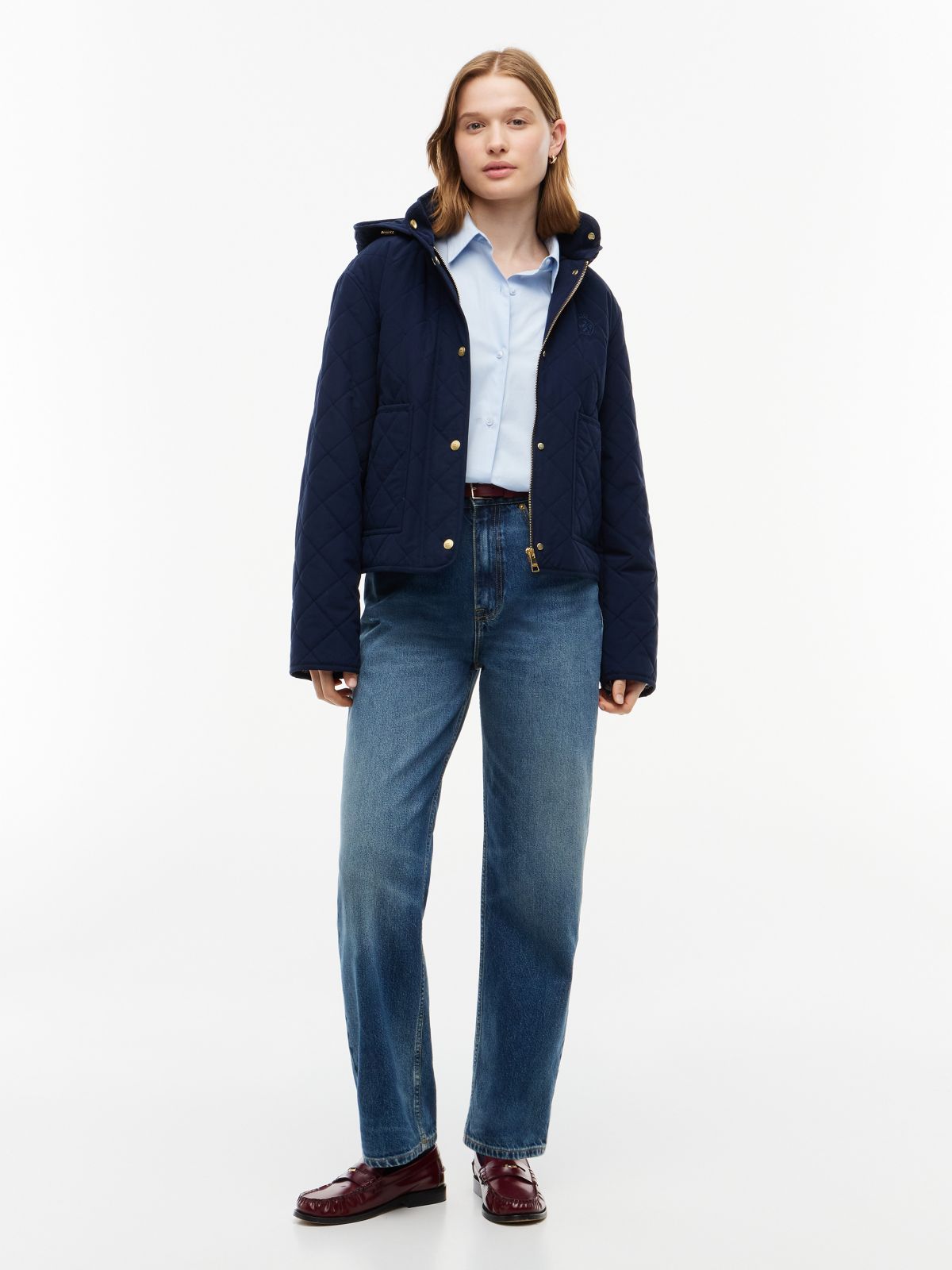 Water-Repellent Quilted Hooded Jacket — Navy