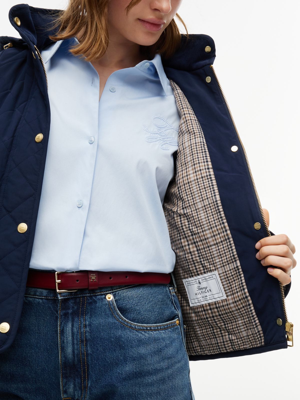 Water-Repellent Quilted Hooded Jacket — Navy