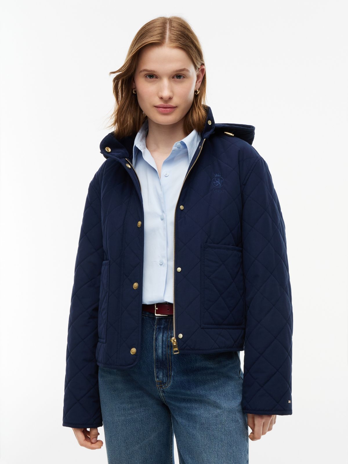 Water-Repellent Quilted Hooded Jacket — Navy