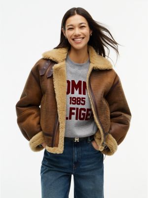 Shearling Leather Aviator Coat, Natural Cognac