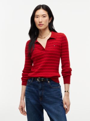 Slim Fit Cable Knit Sweater Polo, Red Stripe