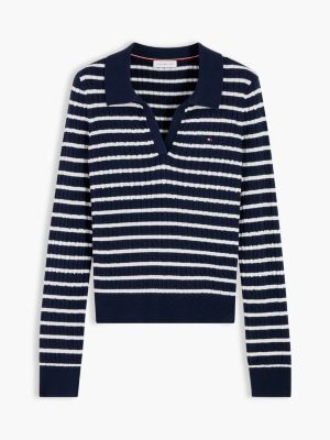 Женские рубашки Tommy Hilfiger Slim Fit Cable Knit Sweater Polo, цвет: Тёмно-синий полосатый — фото 5