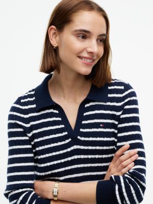 Женские рубашки Tommy Hilfiger Slim Fit Cable Knit Sweater Polo, цвет: Тёмно-синий полосатый — фото 3