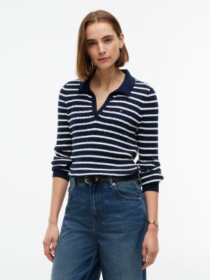 Slim Fit Cable Knit Sweater Polo, Navy Stripe