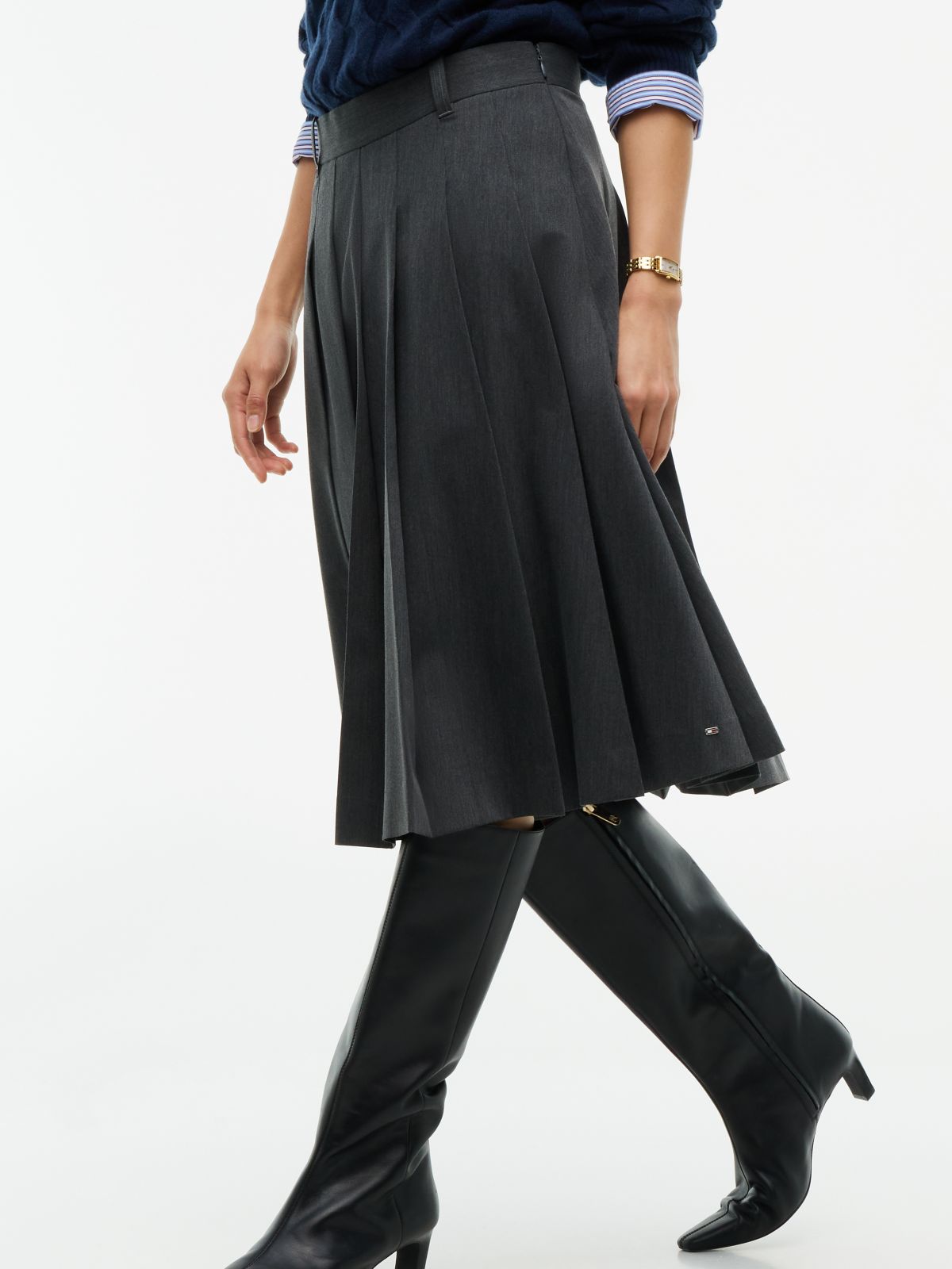 Pleated Stretch Twill Skirt — Medium Grey Heather