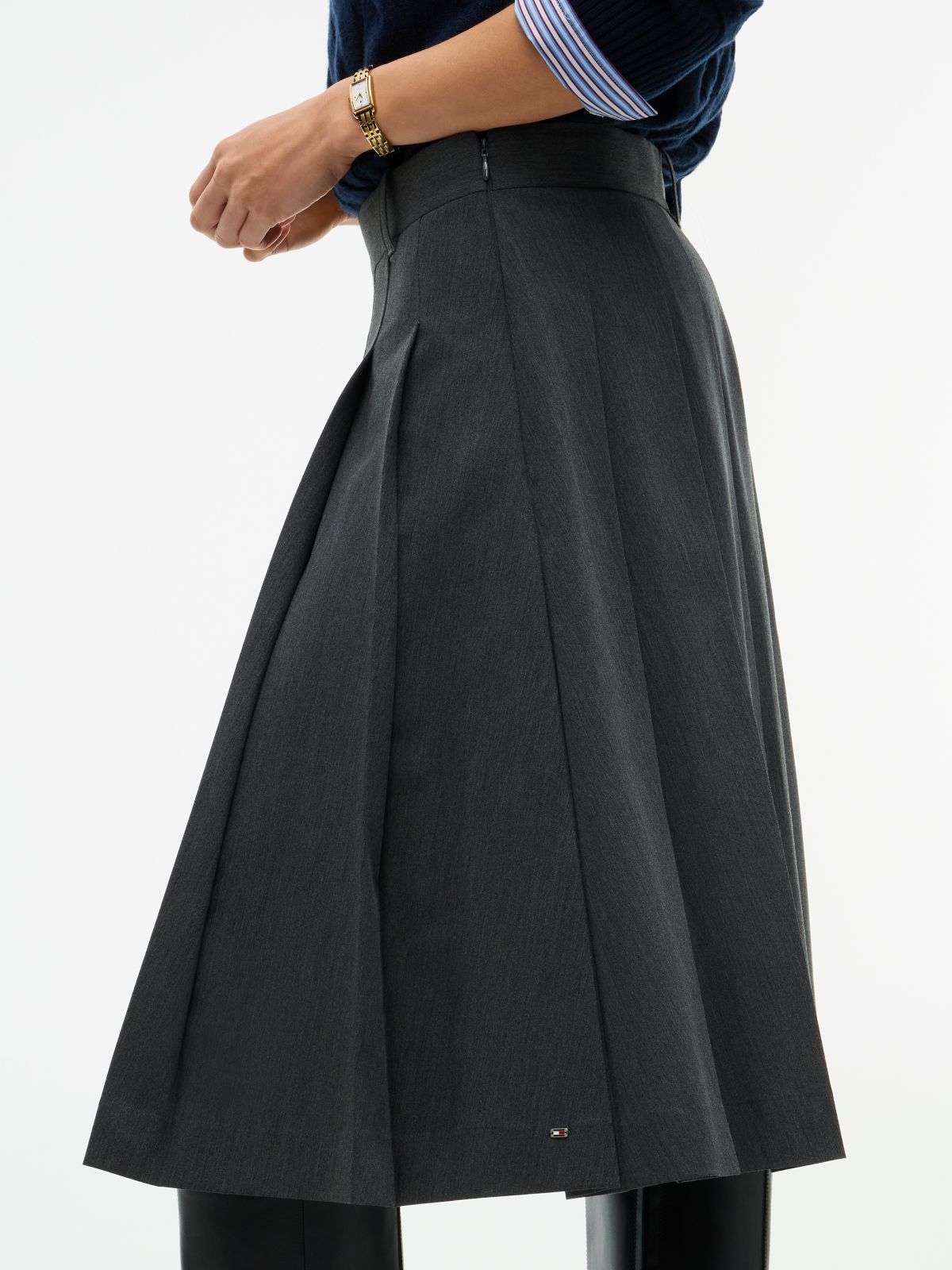 Pleated Stretch Twill Skirt — Medium Grey Heather