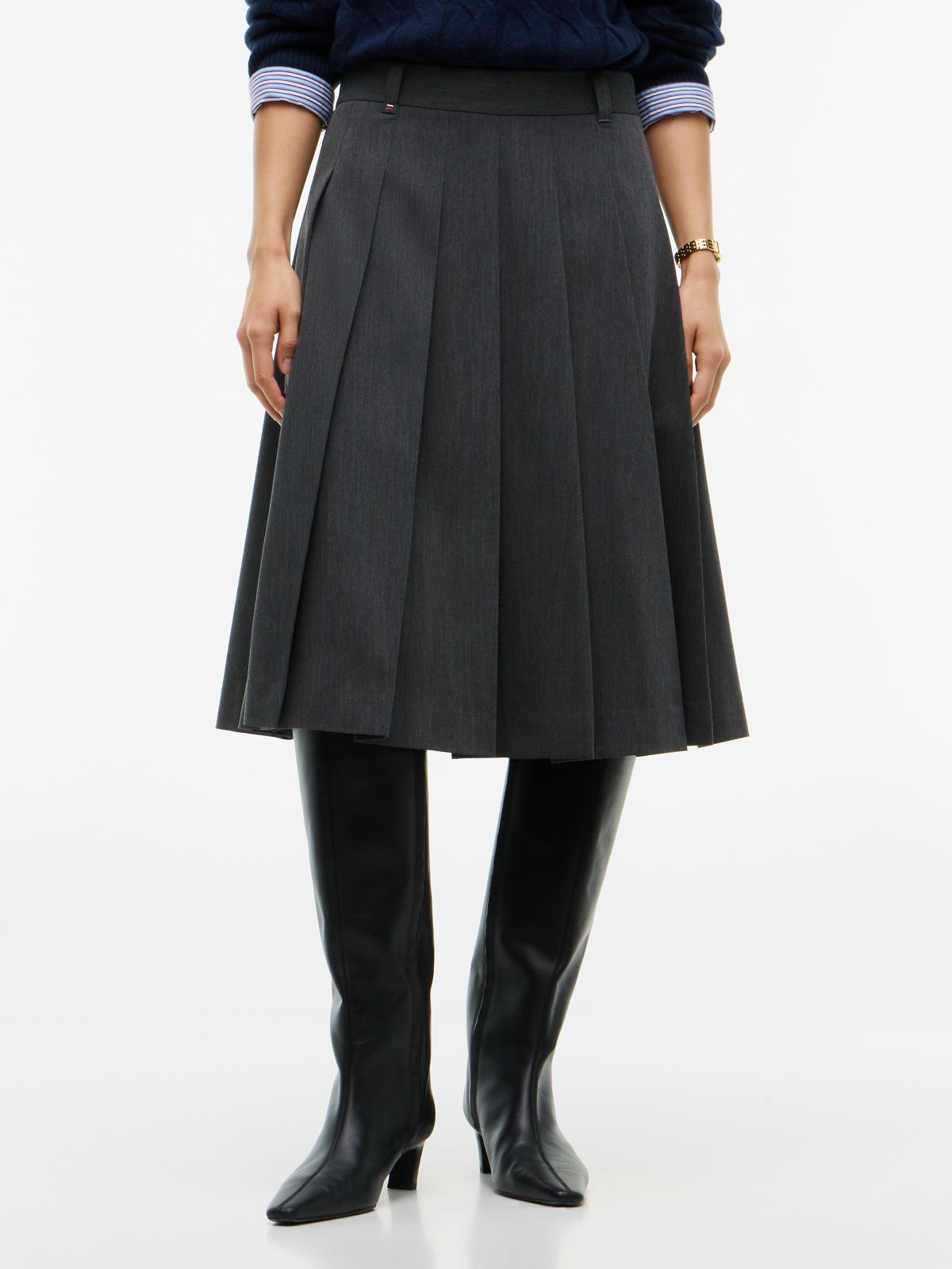 Pleated Stretch Twill Skirt — Medium Grey Heather