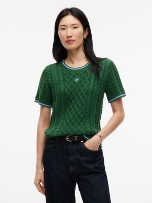 Short-Sleeve Mixed-Knit Tipped Sweater, Deep Evergreen