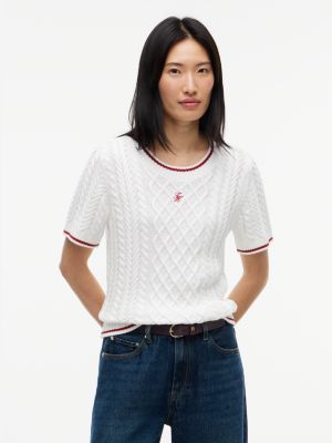 Short-Sleeve Mixed-Knit Tipped Sweater, Ecru