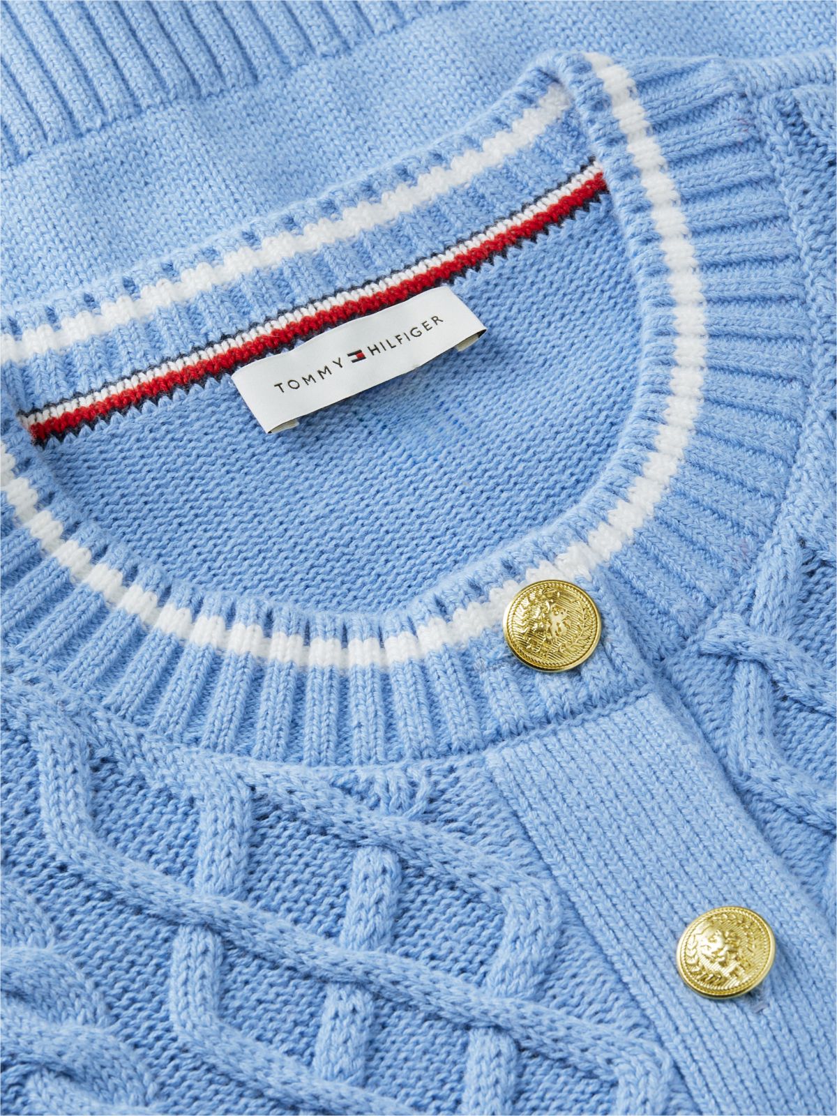 Gold-Button Mixed-Knit Tipped Cardigan — Cloudy Blue