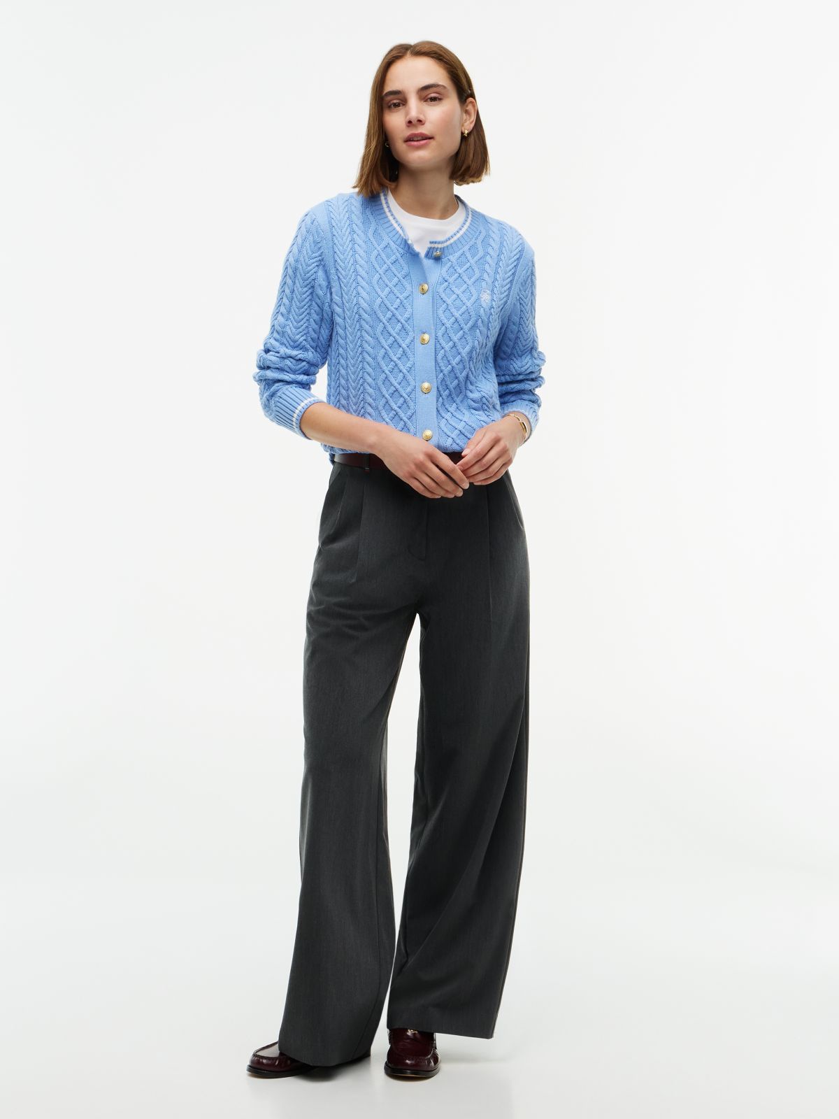 Gold-Button Mixed-Knit Tipped Cardigan — Cloudy Blue
