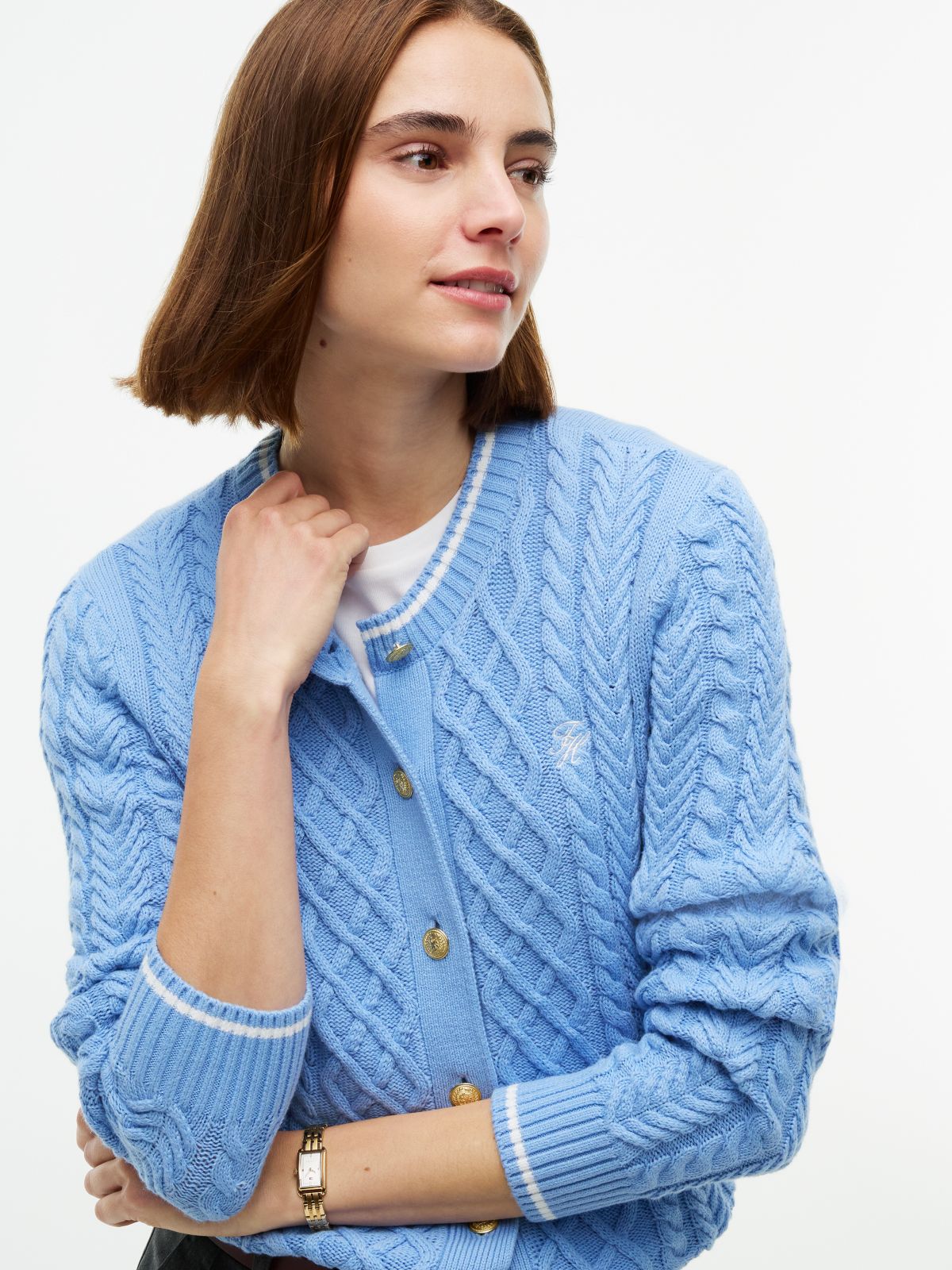 Gold-Button Mixed-Knit Tipped Cardigan — Cloudy Blue