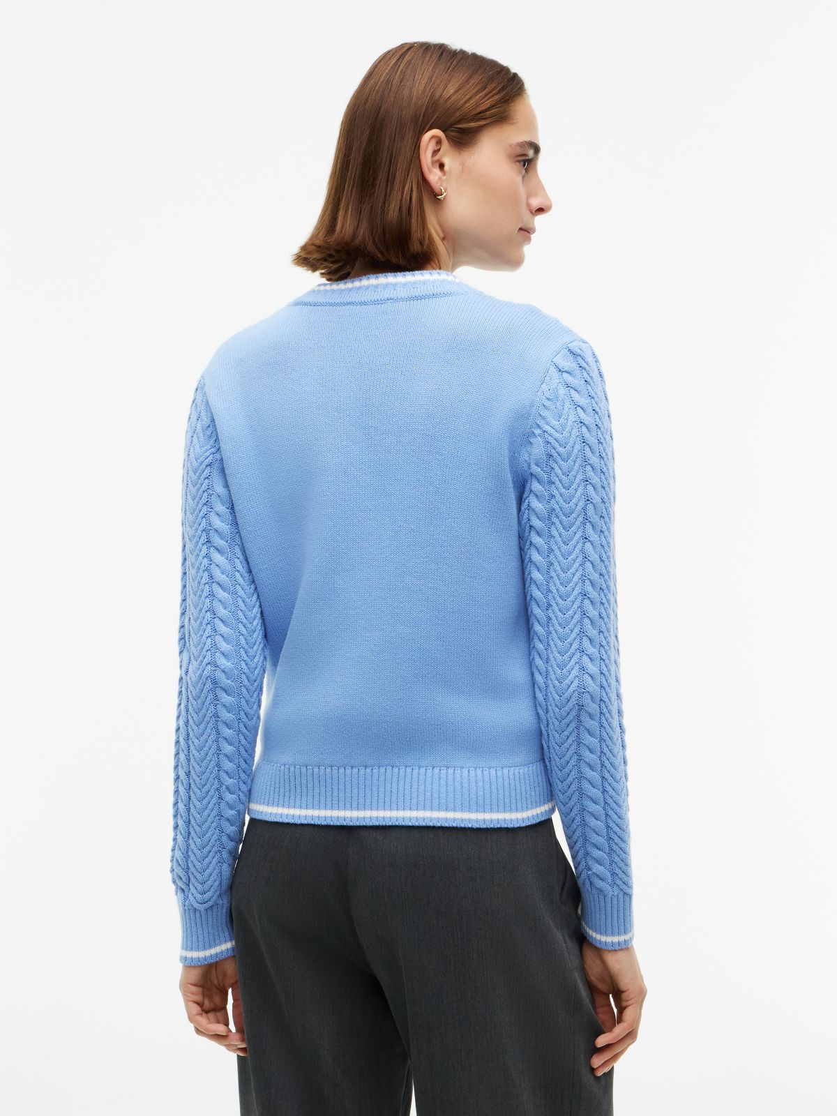 Gold-Button Mixed-Knit Tipped Cardigan — Cloudy Blue