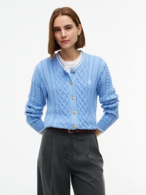 Gold-Button Mixed-Knit Tipped Cardigan, Cloudy Blue