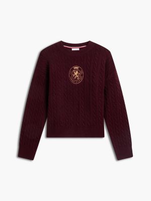 Женский свитер Tommy Hilfiger Embroidered Crest Cable Knit, цвет: Глубокий бордовый — фото 5