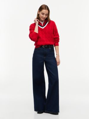 Женский свитер Tommy Hilfiger Cable Knit Quarter-Zip Cricket, цвет: Красный — фото 2