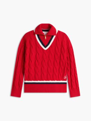 Женский свитер Tommy Hilfiger Cable Knit Quarter-Zip Cricket, цвет: Красный — фото 5