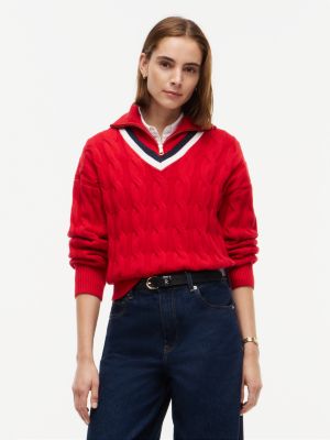 Женский свитер Tommy Hilfiger Cable Knit Quarter-Zip Cricket, цвет: Красный — фото 1