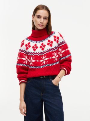 Relaxed Fit Fair Isle Turtleneck Sweater, Red