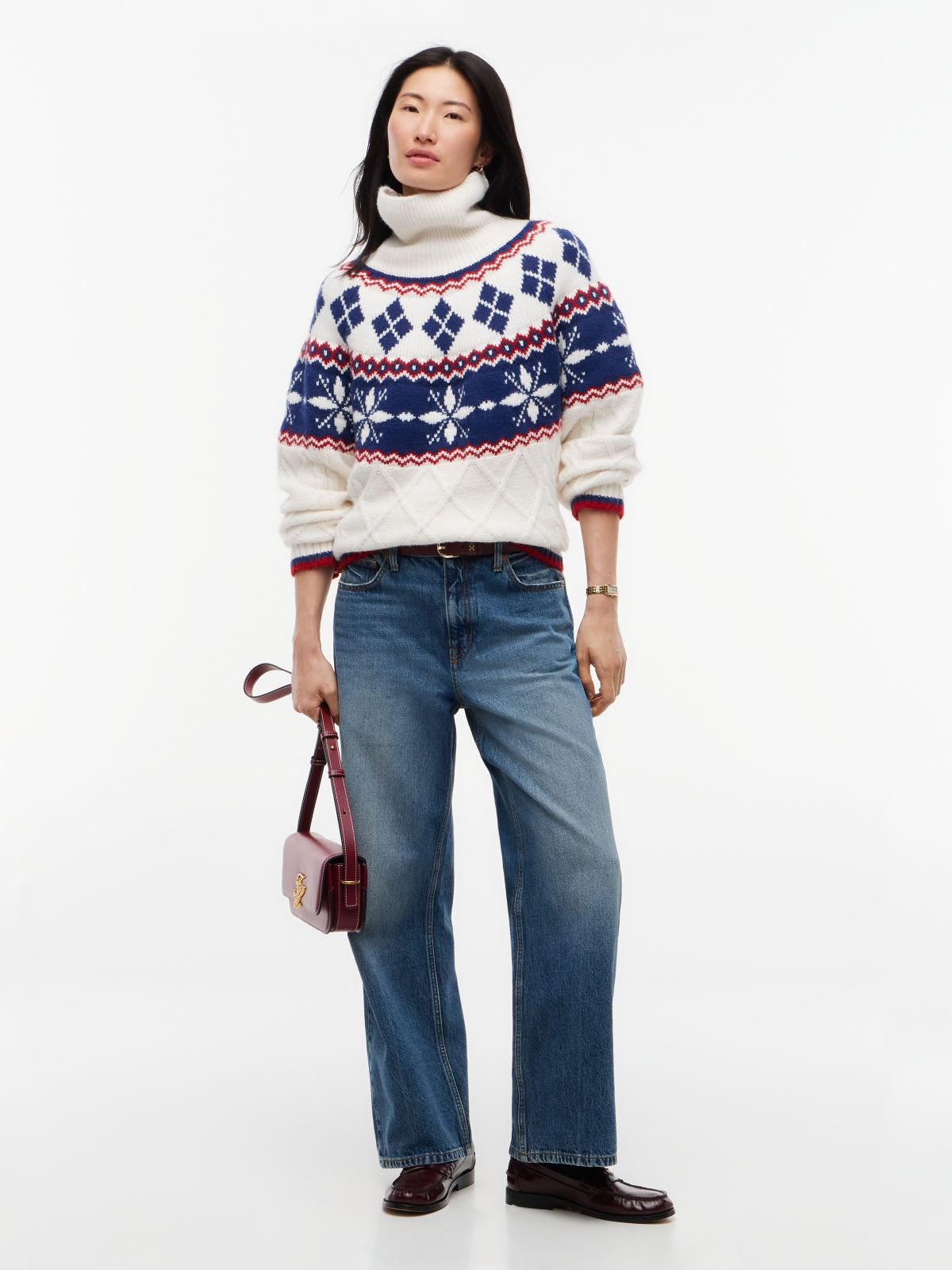 Relaxed Fit Fair Isle Turtleneck Sweater — Ivory Petal