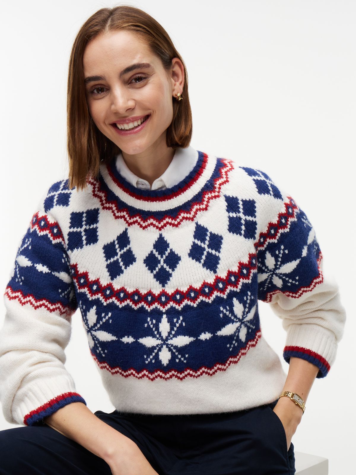 Relaxed Fit Fair Isle Crewneck Sweater — Ivory Petal
