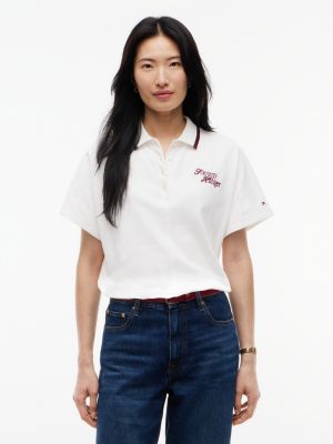 Relaxed Fit Embroidered Logo Polo, Ecru
