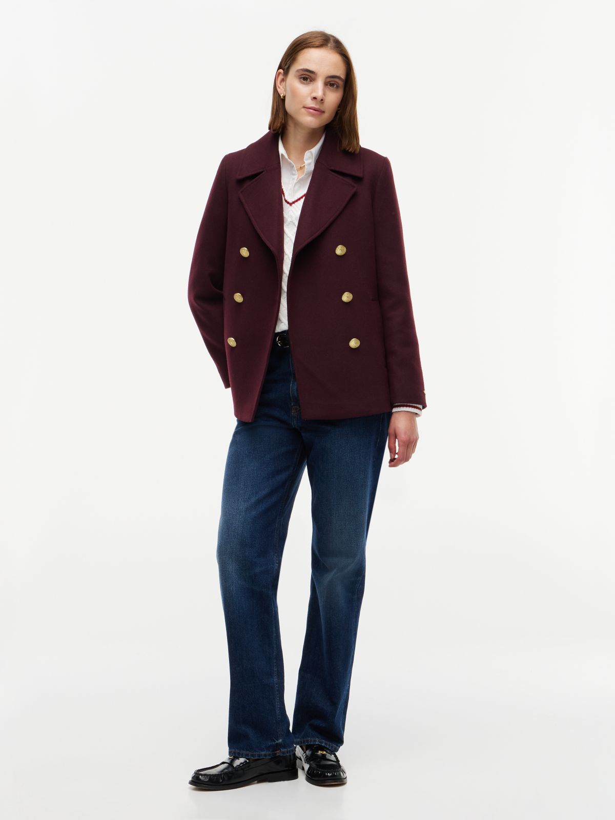 Gold-Button Twill Peacoat — Deep Burgundy