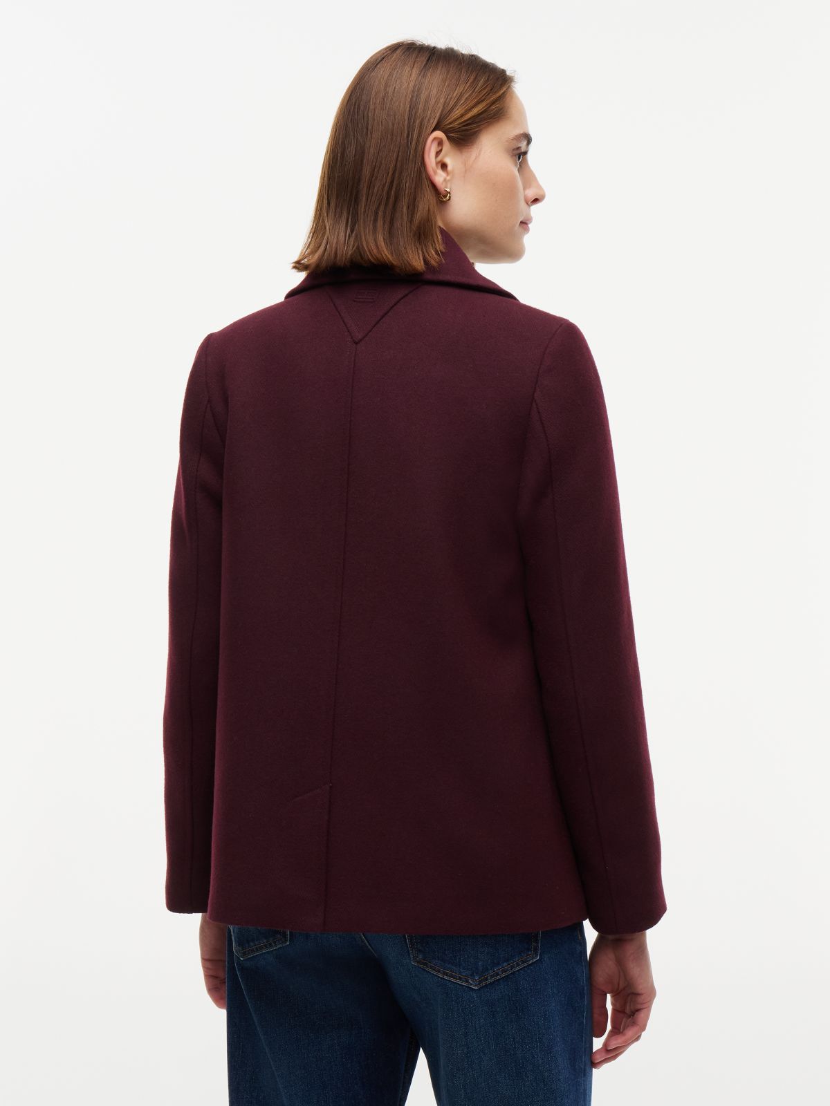 Gold-Button Twill Peacoat — Deep Burgundy