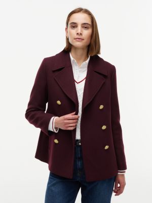 Gold-Button Twill Peacoat, Deep Burgundy
