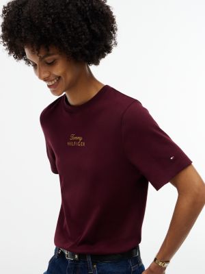 Женская футболка Tommy Hilfiger Embroidered Script Interlock, цвет: Глубокий бордовый — фото 3