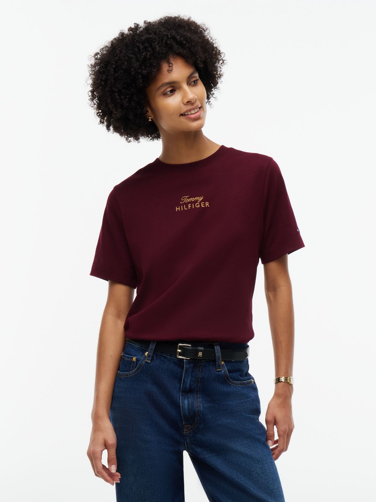 Embroidered Script Interlock T-Shirt — Deep Burgundy