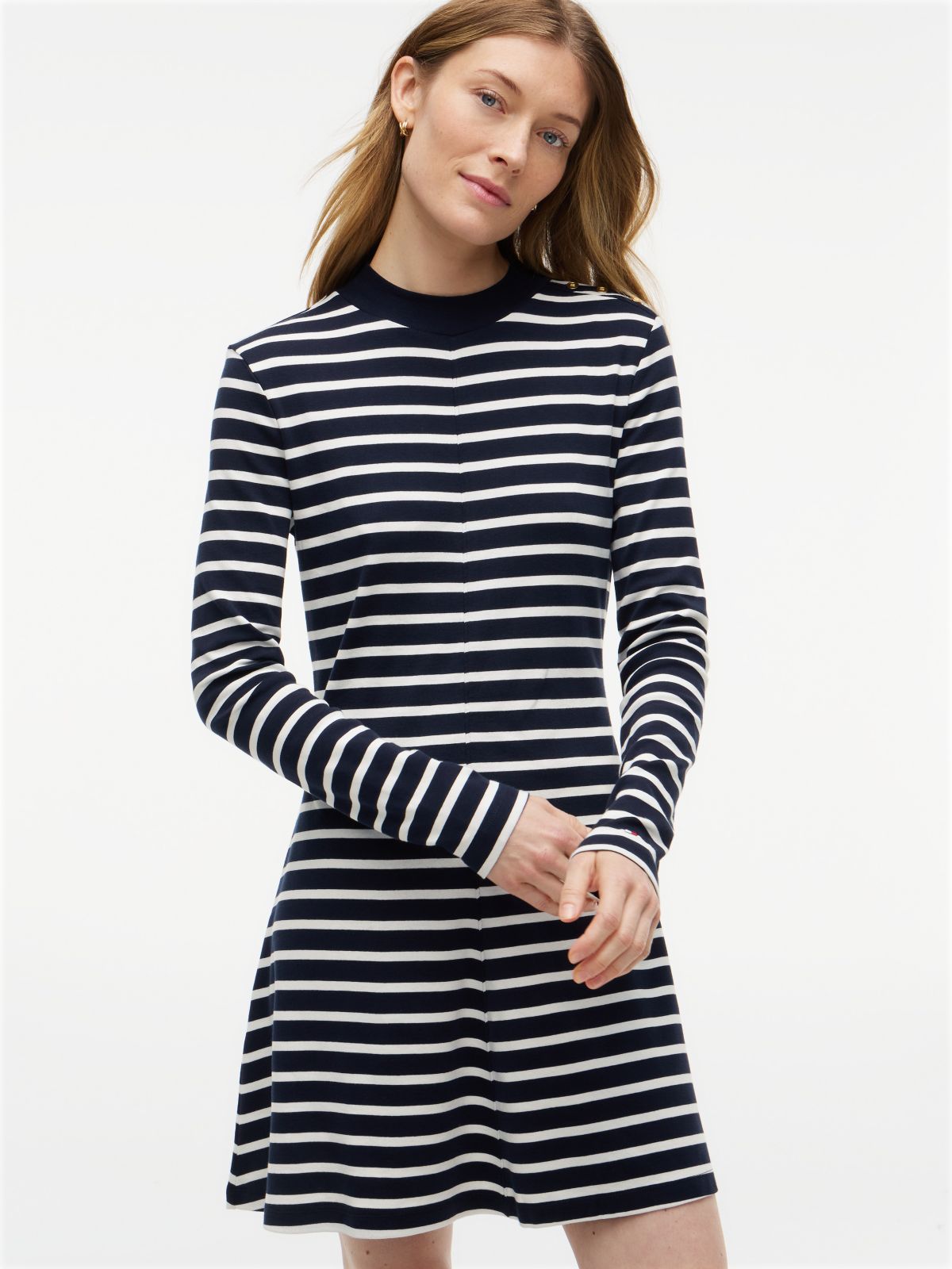 Rib-Knit Mockneck Mini Dress — Dark Blue Stripe