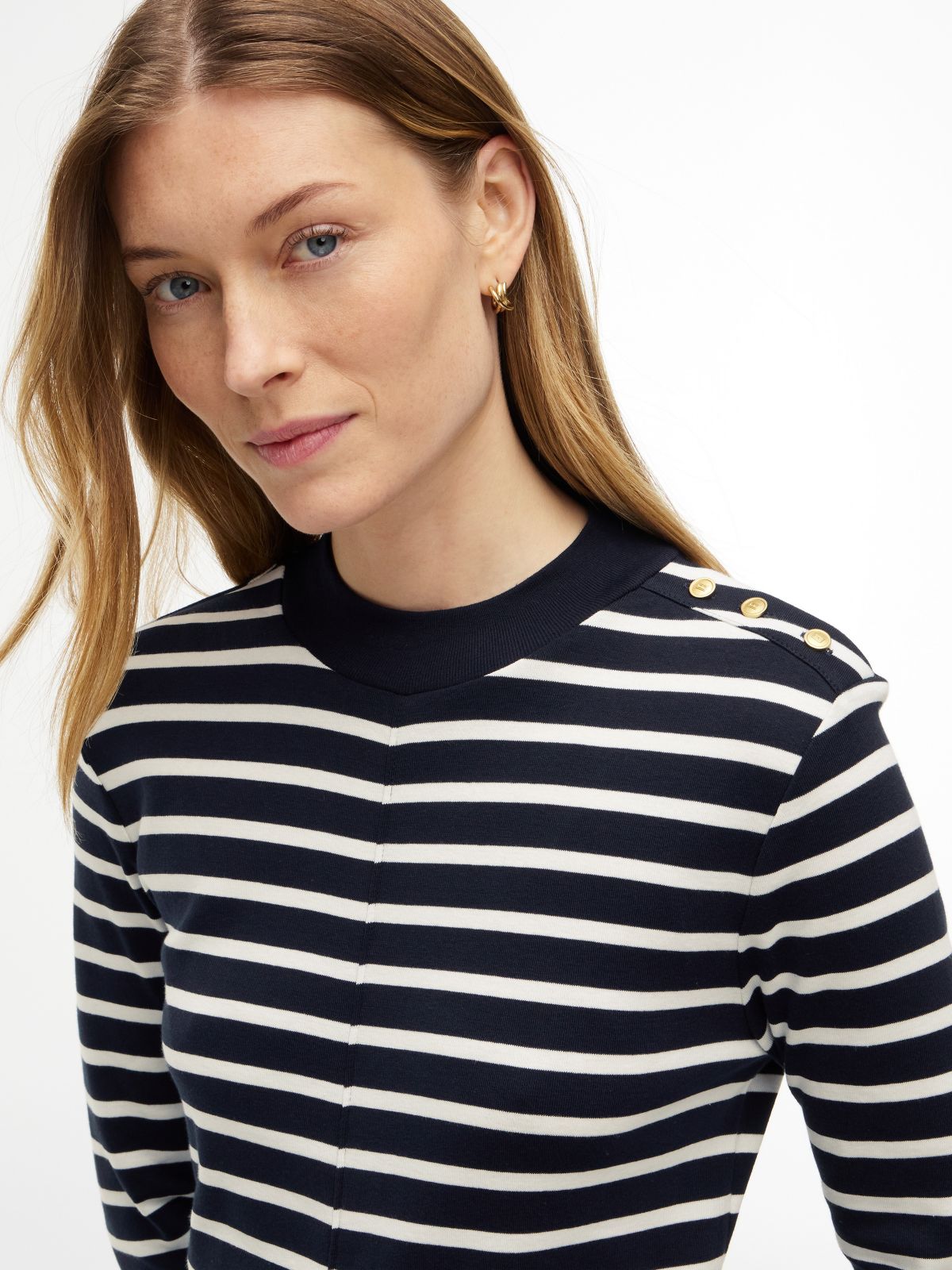 Rib-Knit Mockneck Mini Dress — Dark Blue Stripe