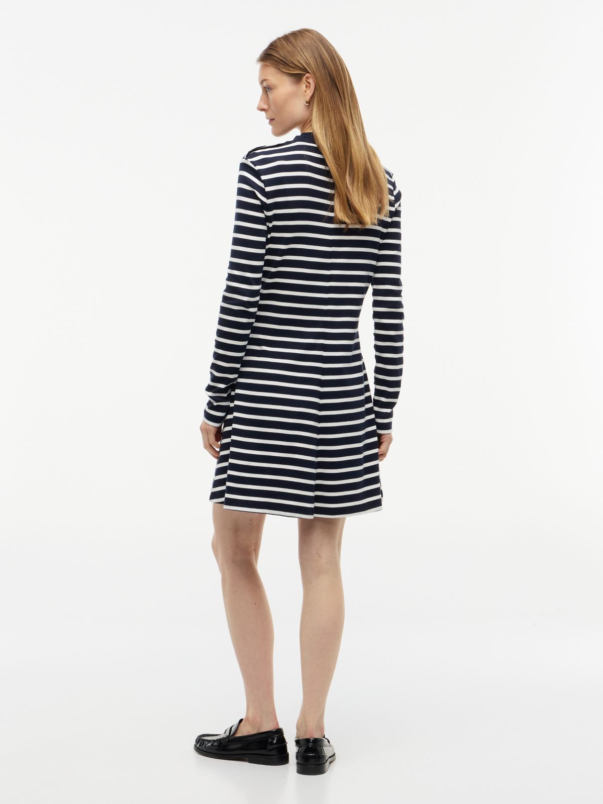 Rib-Knit Mockneck Mini Dress — Dark Blue Stripe