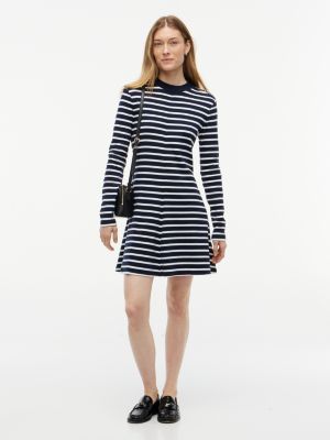 Rib-Knit Mockneck Mini Dress, Dark Blue Stripe