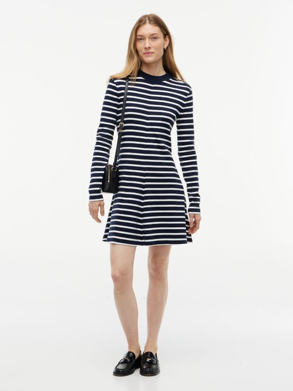 Rib-Knit Mockneck Mini Dress — Dark Blue Stripe