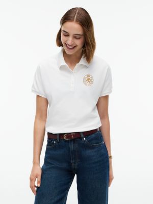 Regular Fit Embroidered Crest Polo, Ecru