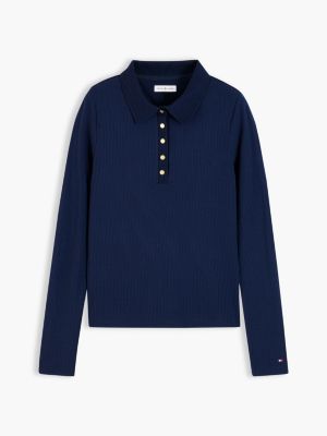Женское поло Tommy Hilfiger Slim Fit Gold-Button Rib-Knit Polo, цвет: Тёмный синий — фото 5