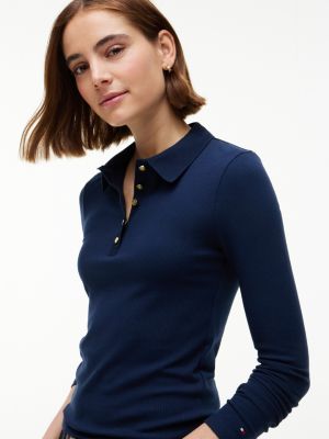 Женское поло Tommy Hilfiger Slim Fit Gold-Button Rib-Knit Polo, цвет: Тёмный синий — фото 3