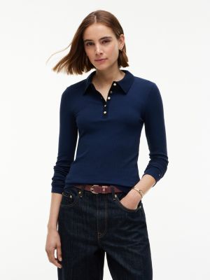 Slim Fit Gold-Button Rib-Knit Polo, Dark Blue