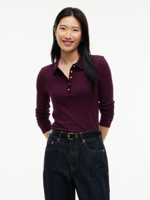 Slim Fit Gold-Button Rib-Knit Polo, Deep Burgundy