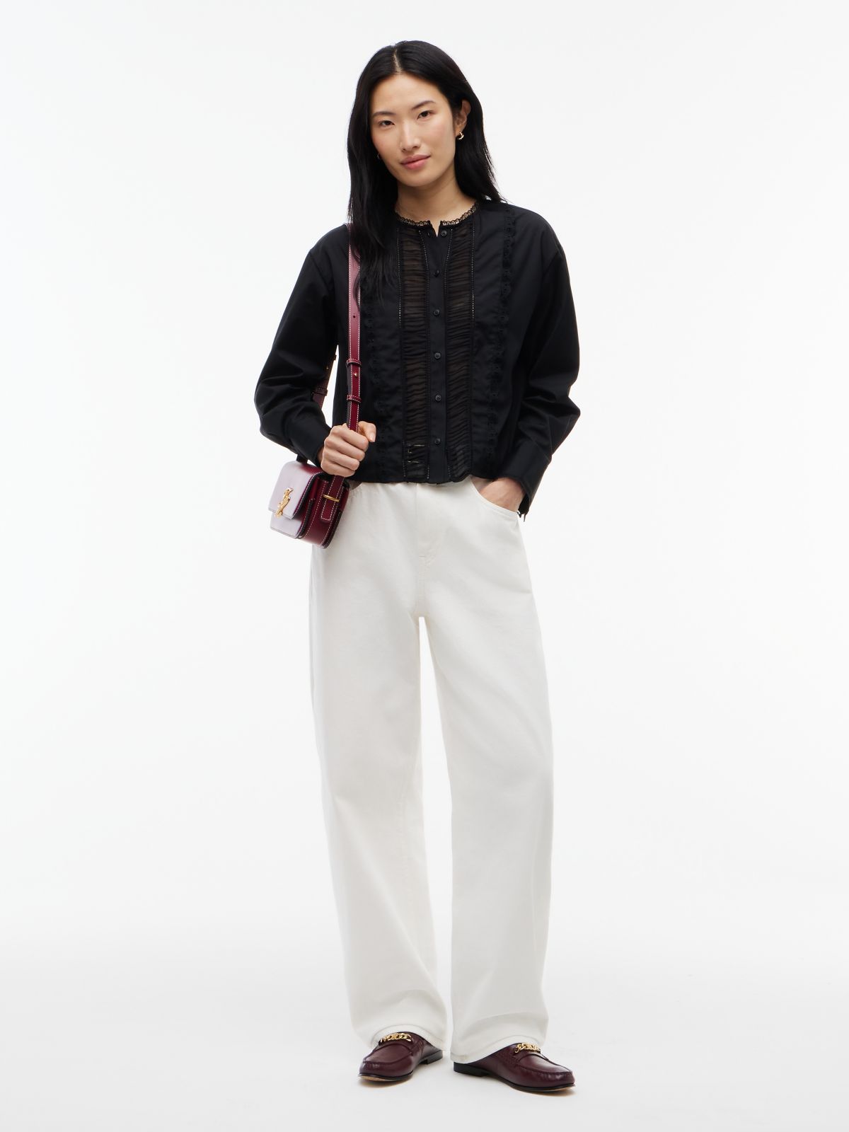 Lace-Trim Poplin Shirt — Black