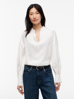 Regular Fit Collarless Blouse, Ivory Silk