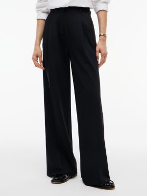 Pleated Stretch Twill Wide Leg Pant, Black