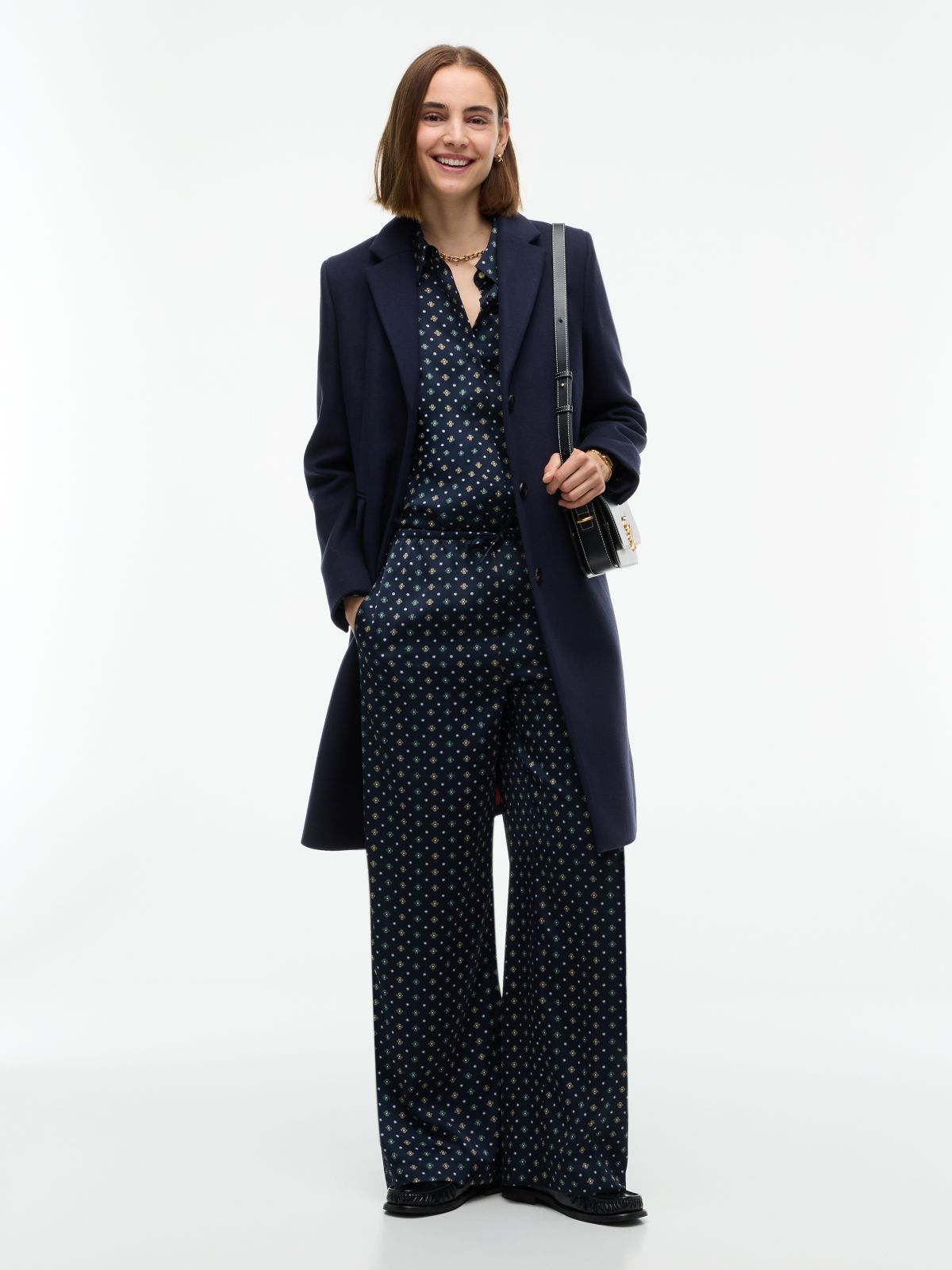 Foulard Print Satin Pull-On Pant — Navy Foulard