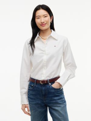 Regular Fit Ruffle-Trim Oxford Shirt, Ecru