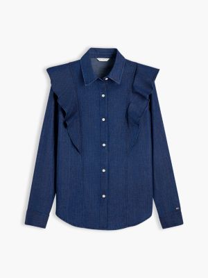 Женская рубашка Tommy Hilfiger Lightweight Ruffle-Trim Denim Shirt, цвет: Тёмно-синяя тёмная варка — фото 5